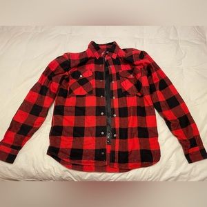 Red flannel Speed and Strength motorcycle jacket with built in armor. Men’s (S).